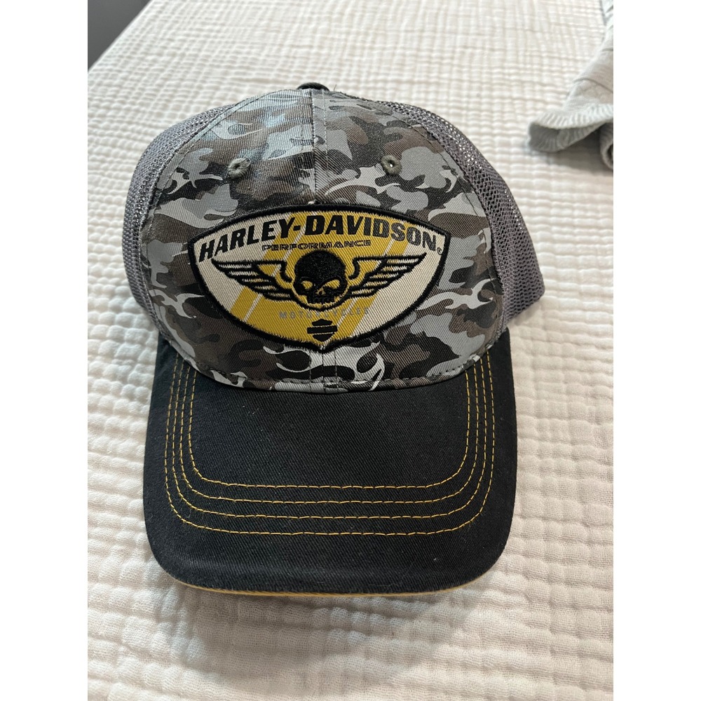 Harley Davidson Trucker Hat Gray Camo Skull Wings Biker Motorcycle Cap‎ Mens